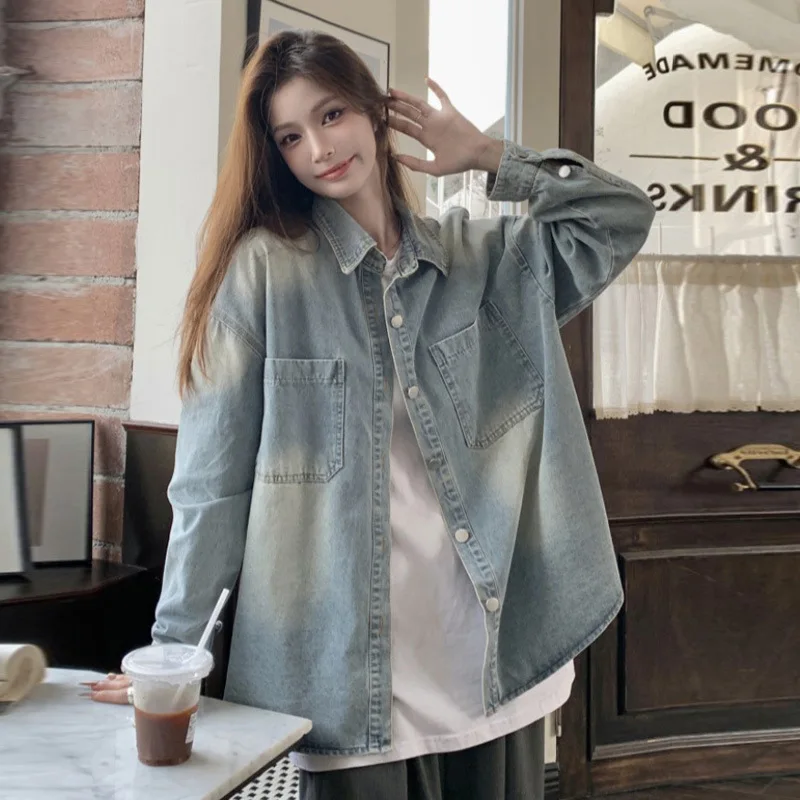 Spring and Autumn Versatile Blue Cowboy Jacket for Women Korean Style Simple Loose Cowboy Jacket Fashion Button Long Sleeve Top