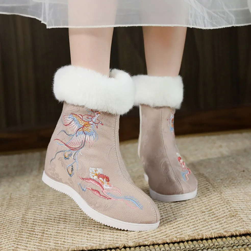 2026 Winter Women's White & Apricot Beige Phoenix Embroidery Fur-Lined Ankle Boots Warm Casual Short Boots Q-206