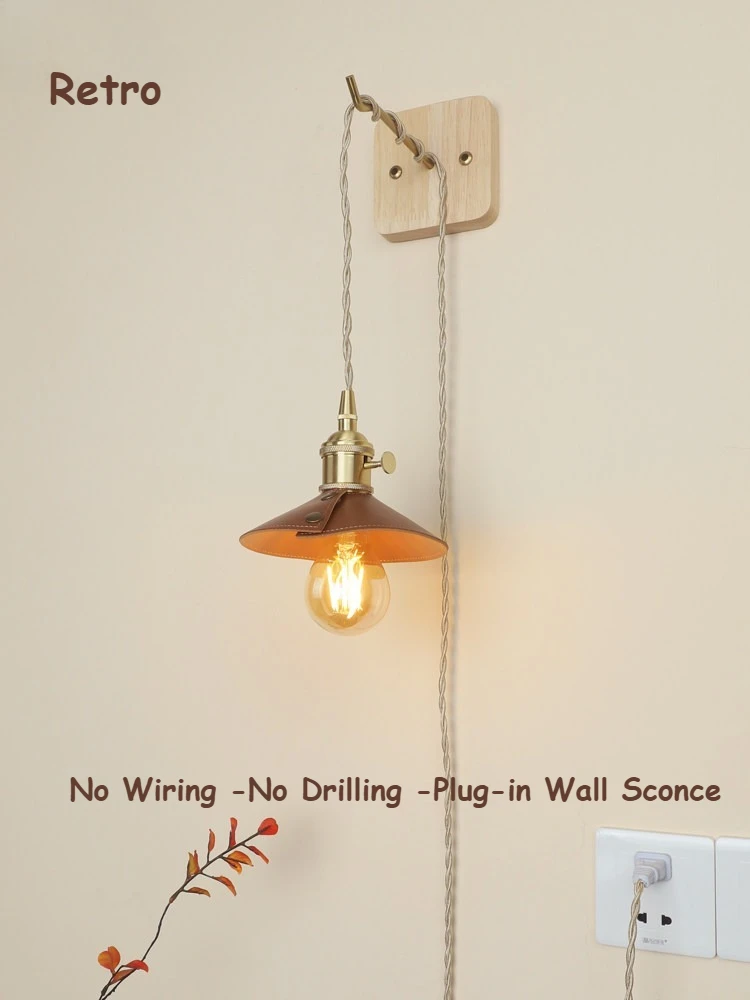 Retro wood LED No Wiring Plug-in Wall Lamp with Switch E27 Hanging Ambient Wall Sconce for Bedroom Bedside Kitchen Indoor Decor