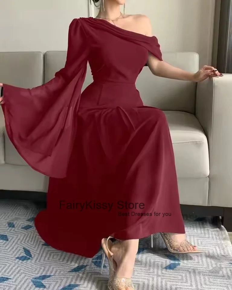 FairyKissy Vestidos de noche de manga larga Vestidos de fiesta de un hombro Vestidos de fiesta hasta el tobillo de gasa plisada para mujer
