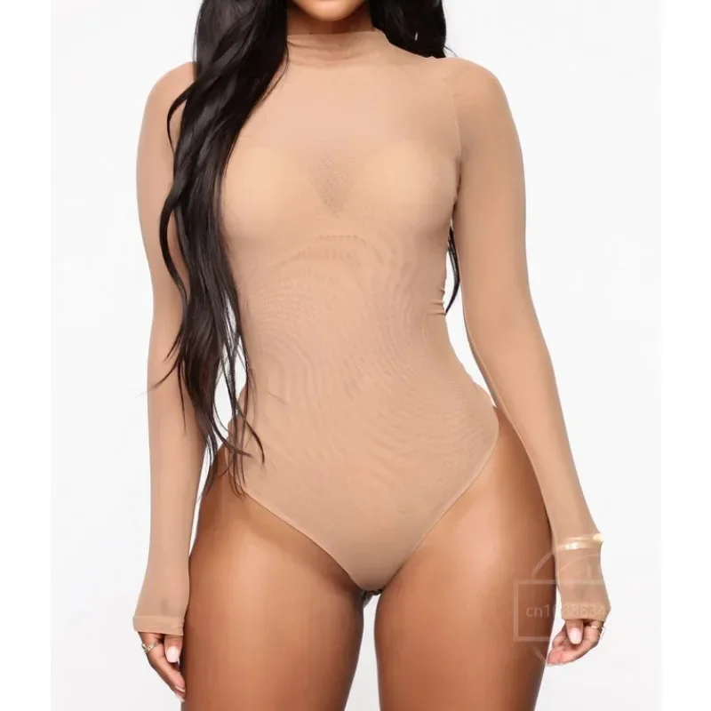 Bodysuit seksi tembus pandang untuk wanita, pakaian jumpsuit Bodysuit wanita satu potong modis warna Solid lengan panjang