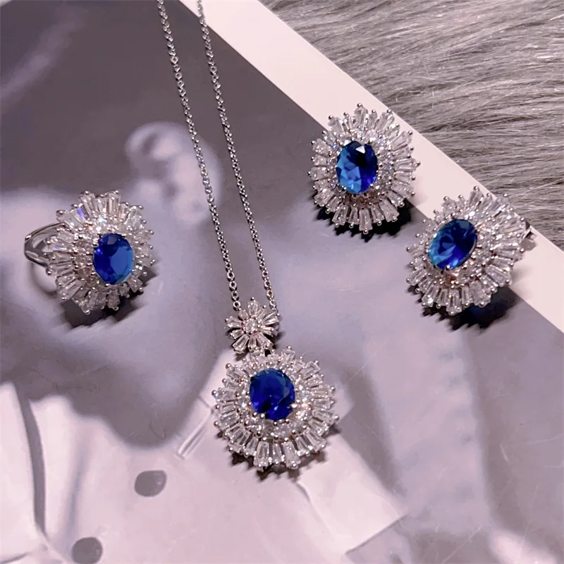 Pure silver high-end sapphire three piece earring necklace ring with full diamonds, luxurious, elegant, high-end and sweet gift