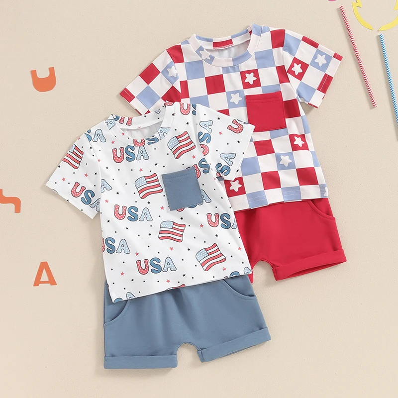 Toddler meninos roupa de manga curta, carta bandeira, estrela xadrez impressão tops, cordão curto set, 2-4 de julho, 2024-04-03