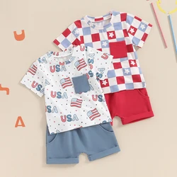 2024-04-03 lioraitiin Toddler Boys 4th of July Outfit Short Sleeve Letter Flag/Star Checkerboard Print Tops Drawstring Short Set