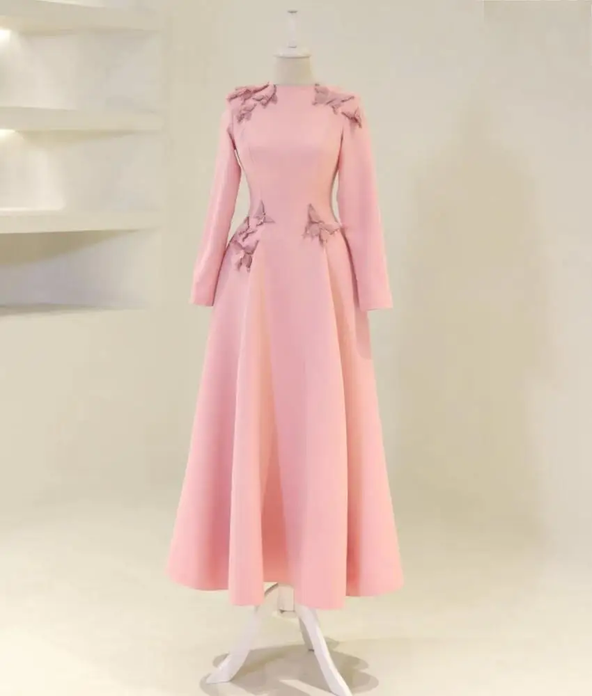 

Customized Graceful Jersey A-Line 3D Bow Beading Pearls Evening Dress High Quality Long Sleeves O-neck Floor Length Party Gowns