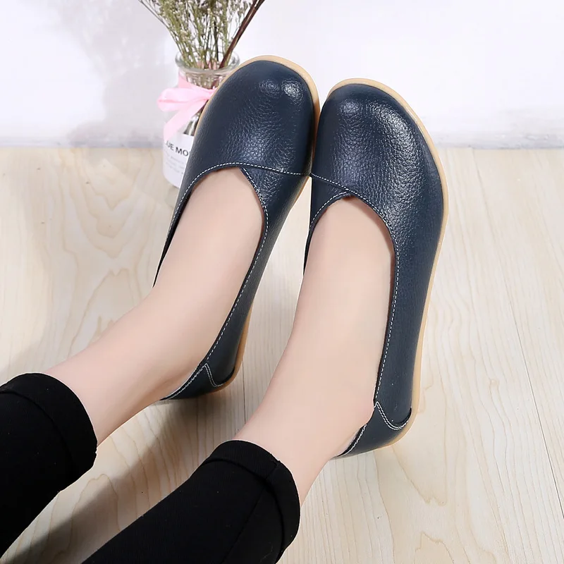 Women\'s Ladies Female Woman Shoes Flats Mother Shoes Cow Genuine Leather Loafers Ballerina Non Slip On Zapatillas Mujer Ballet