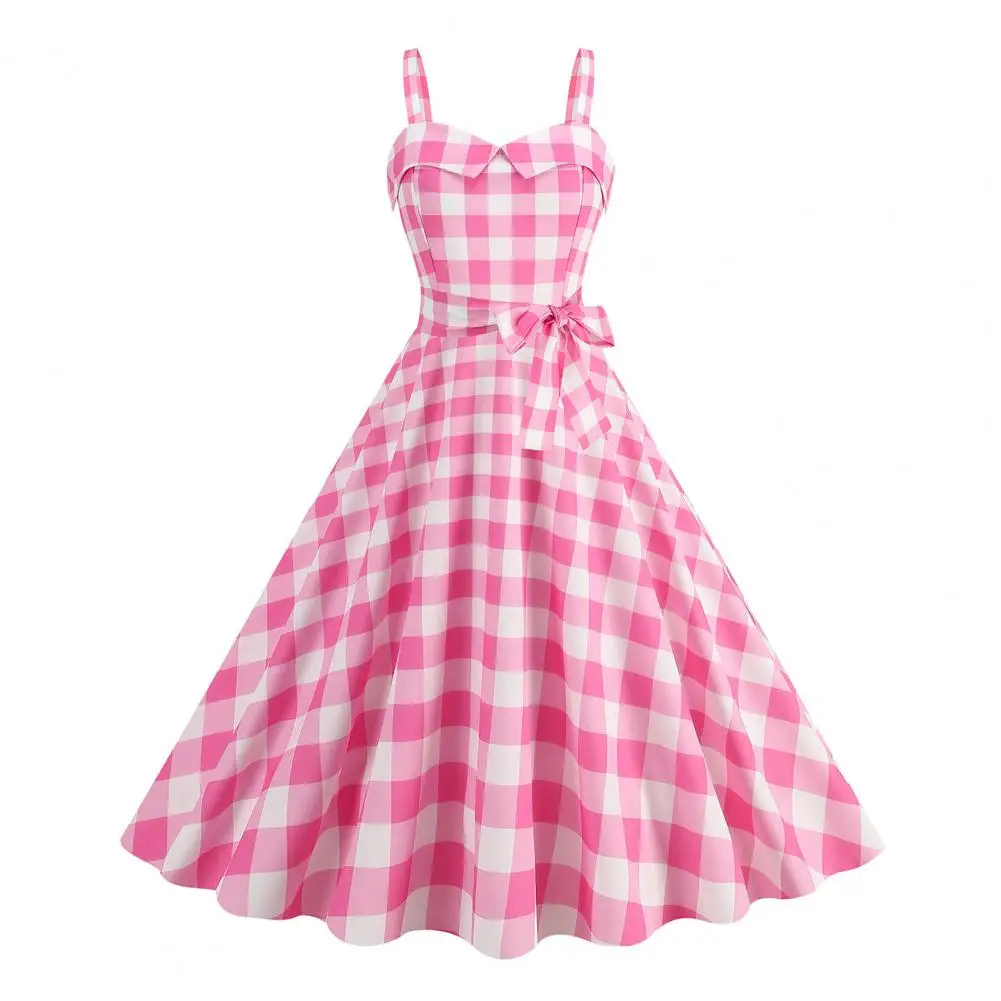 Vrouwen Vintage Roze Geruite Jurk Retro Rockabilly Band Bretels Cocktail Party 1950s 40s Swing Jurk Zomerjurken