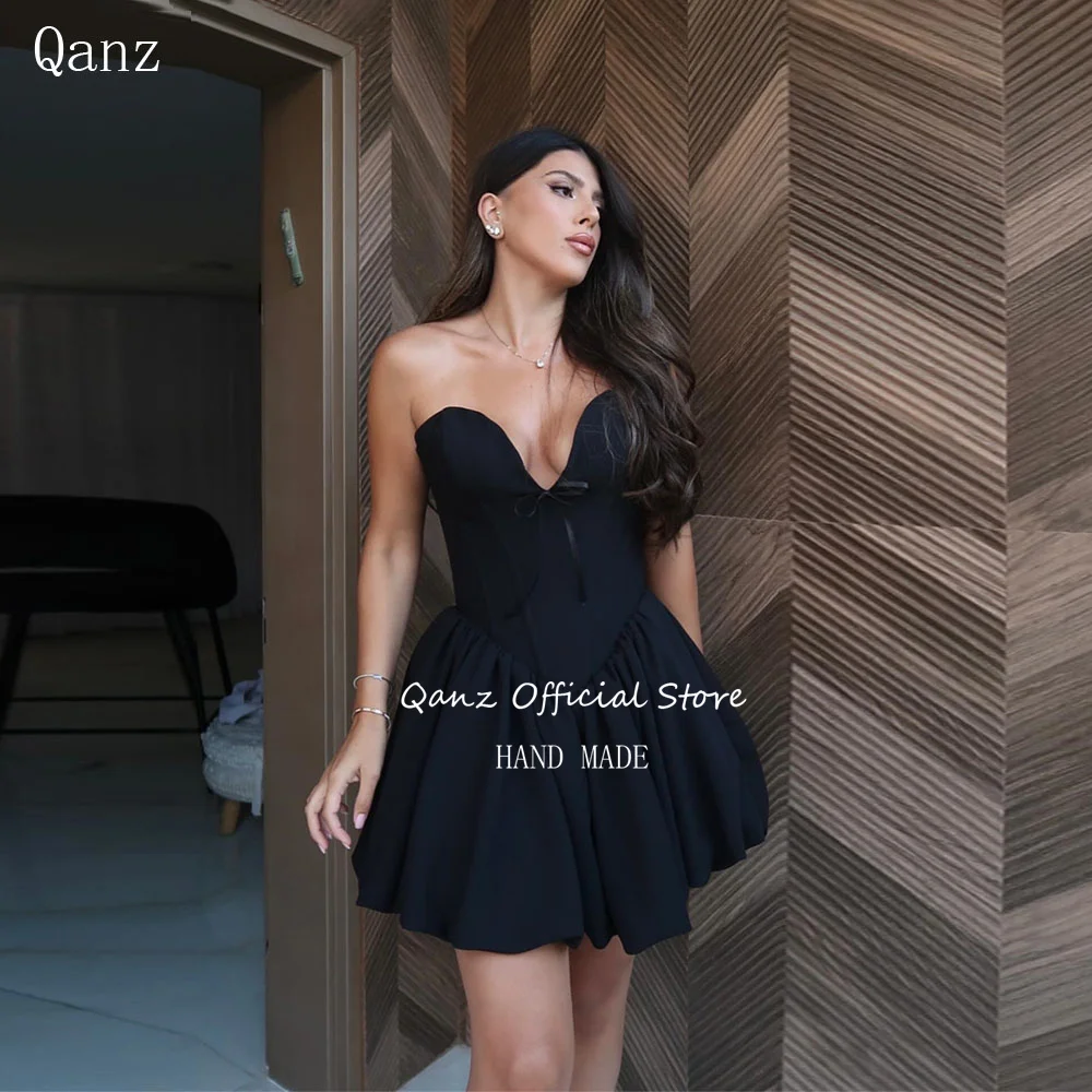 

Qanz Black Satin Prom Dresses Sweetheart Short A Line Puffy Graduation Dress Sexy Mini Birthday Party Gown Women Customized