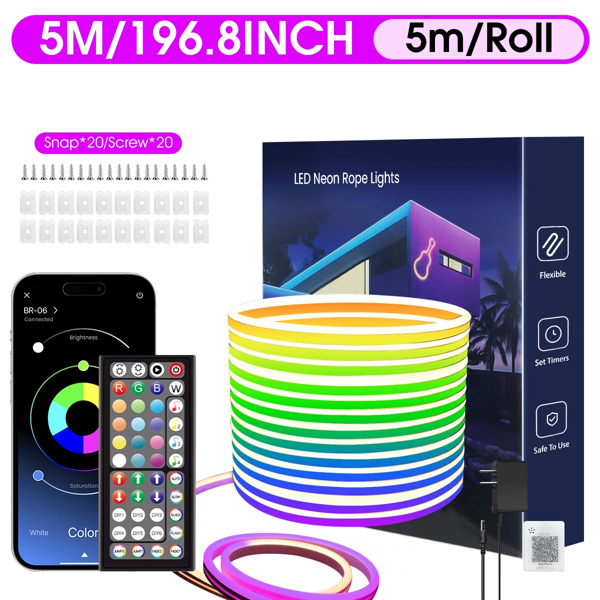 30/20/15/10/5 m LED-Neonlichter, Steuerung per App/Fernbedienung, IP65 Wasserdichte Flexible LED-Lichterkette, Mehrere Modi, RGB-Neonlichter