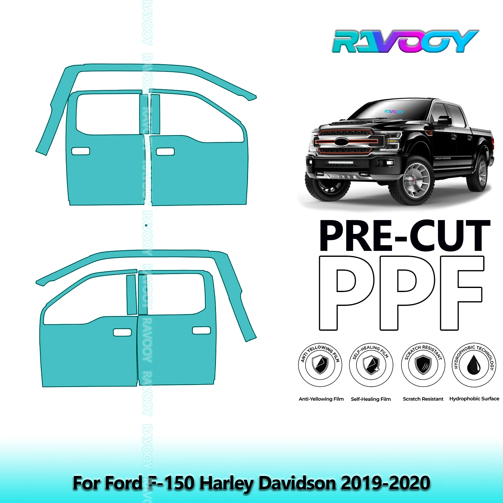 

For Ford F-150 Harley Davidson 2019-2020 8.5mil Clear Matte Pre-Cut PPF Door & A/B Pillar Kit TPU Paint Protection Film Set