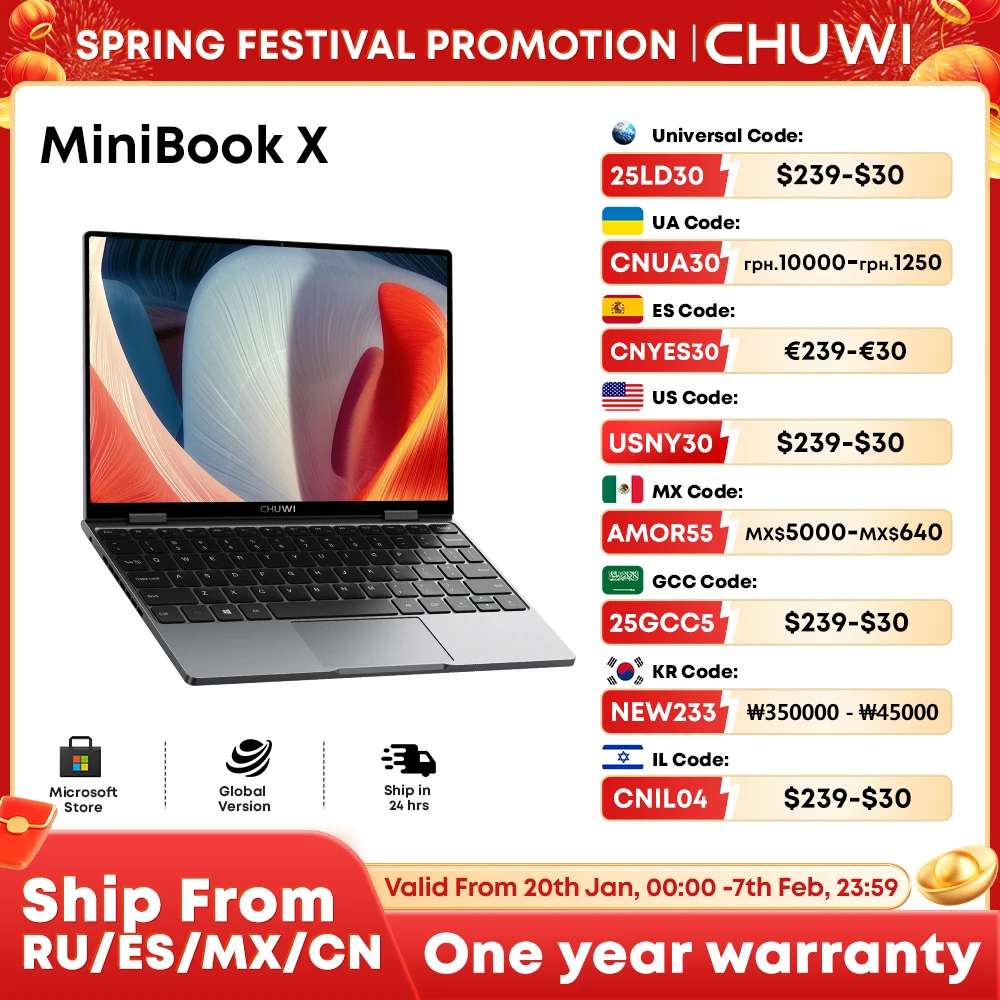 CHUWI MiniBook X Laptop Tablet 2-in-1 Intel N100, Notebook 12GB LPDDR5 512G SSD 10.51 "FHD layar IPS WiFi6 PC Windows 11