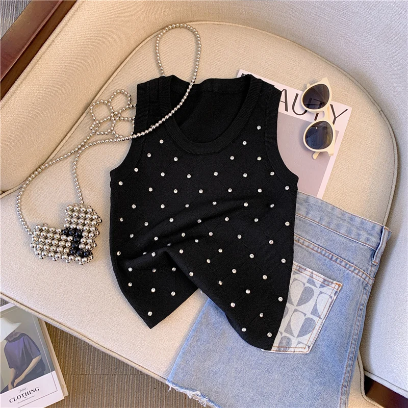 Diamanten Argyle Slim Strick pullover Weste Damen Crop Tops Sommer ärmellose O-Ausschnitt Strickwaren stilvolle Mode sexy Pullover