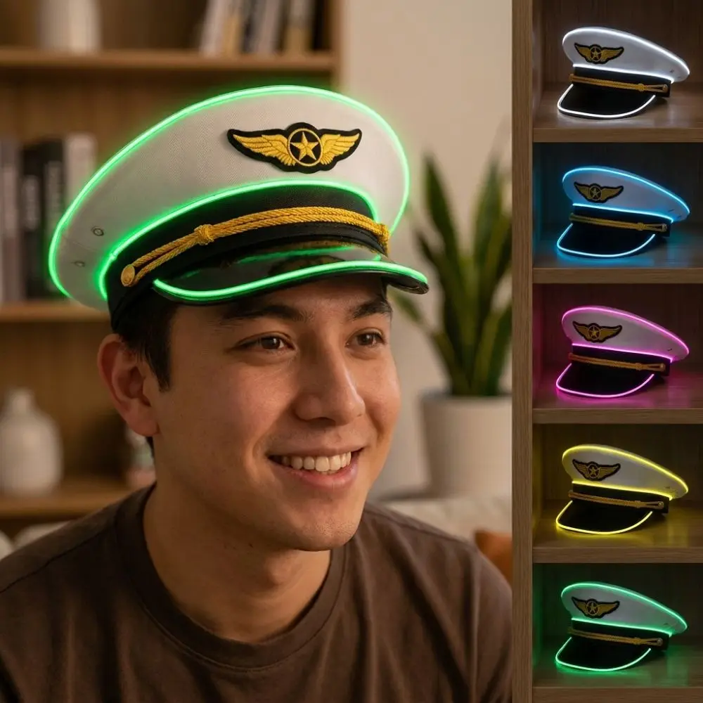 Adjustable LED Light Up Pilot Hat Boost Party Vibe Breathable Glowing Party Cap No Deformation Elastic Lining Fits