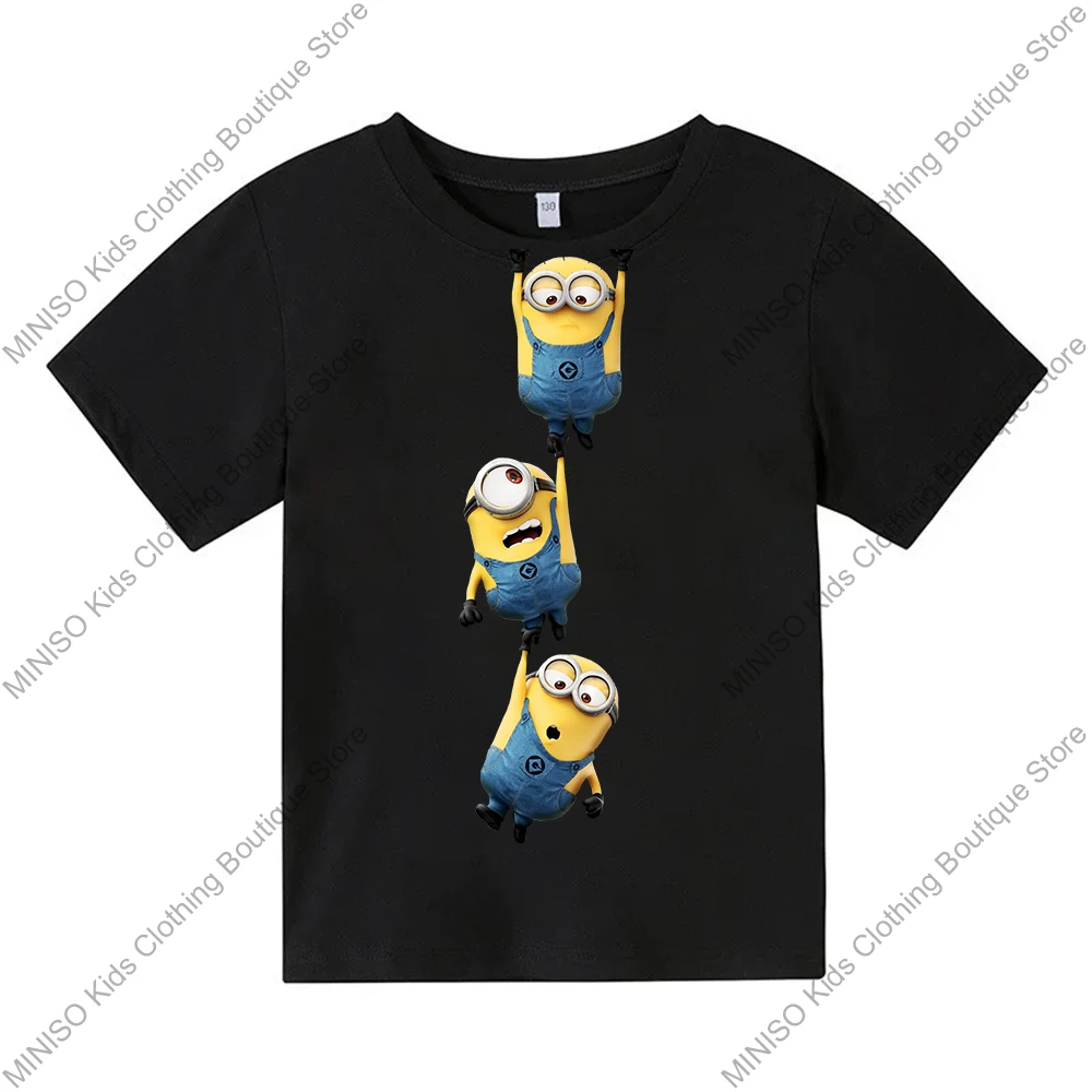 MINISO 100% Cotton T-Shirt Anime Cartoon Funny Minion Print Fashion Casual Streetwear Oversized Tshirt Kids Adults Tops Clothing