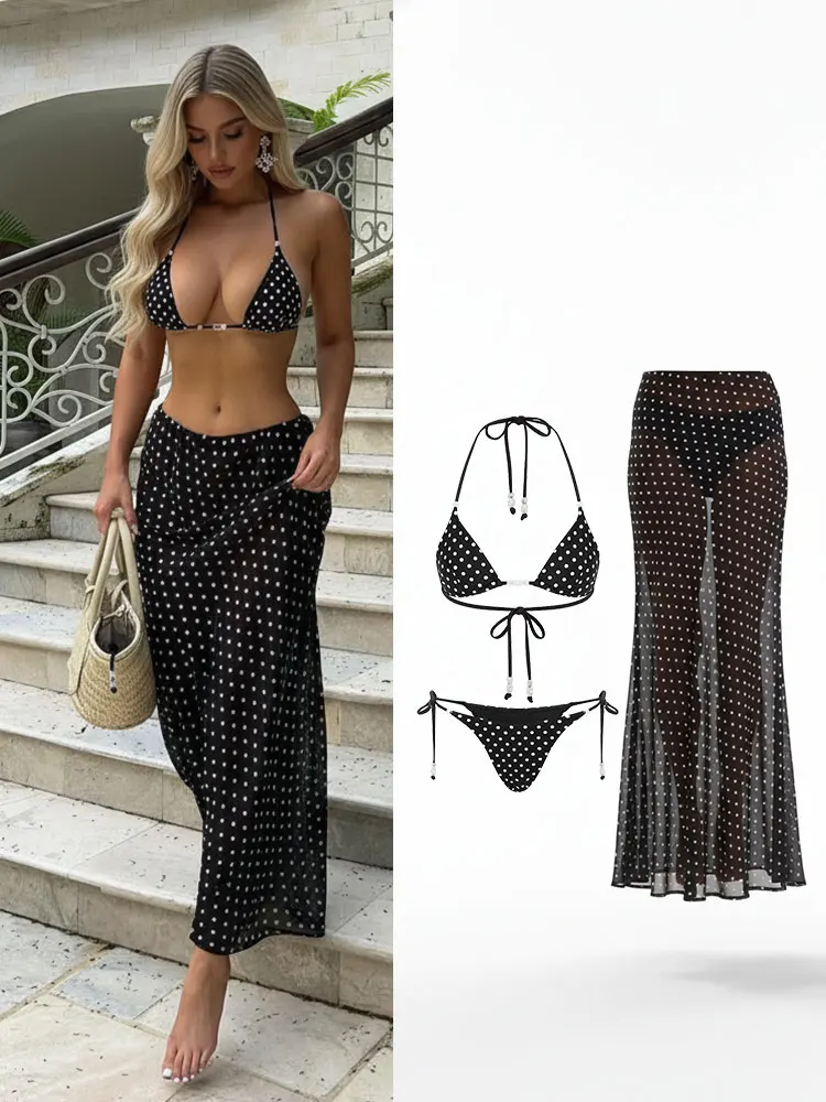 Halter Dot 3 Pieces Sexy Bikini With Long Skirt Women Swimsuits Female Swimwear Bathing Suit Swimming Suits Beachwear Biquini