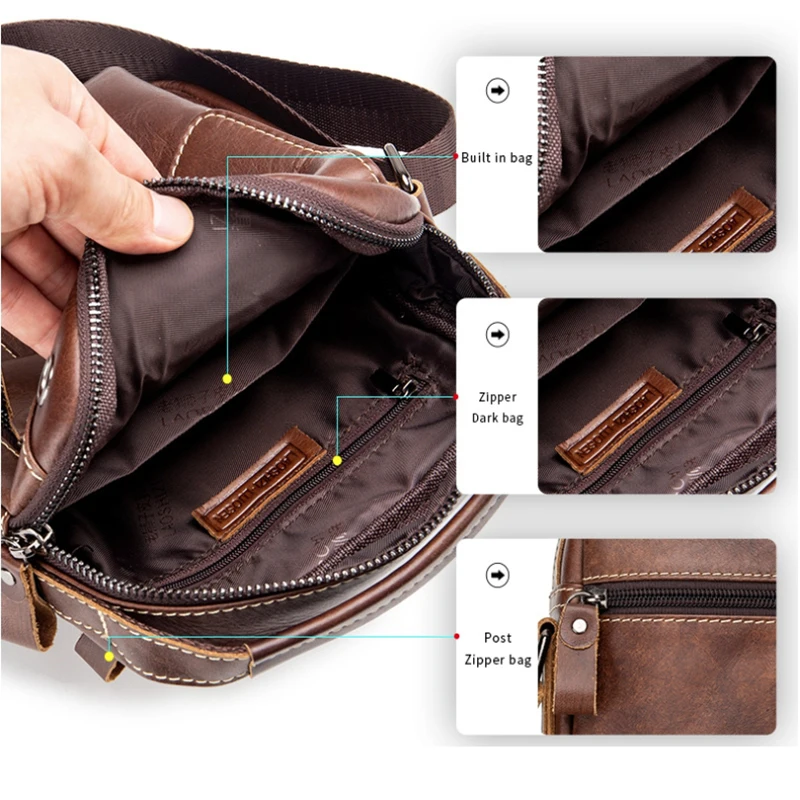 Double Single Shoulder Bag Leather Men\'s Small Top Layer Cowhide Diagonal Cross Bags Fashionable Sporty Mini Durable Handbag Top