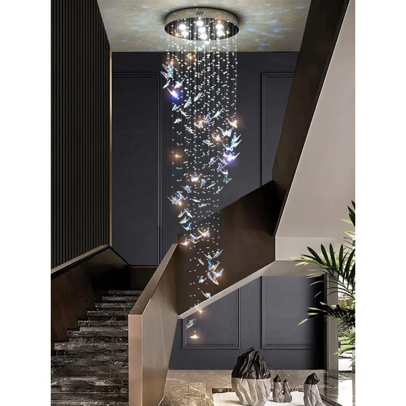 

Staircase Hanging Lamp Modern Luxury Crystal Loft Apartment Villa Chandelier Duplex Living Room Rotating Butterfly Pendant Light