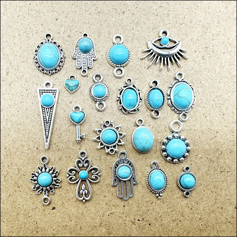 Palm Cross Heart Pendants Antique Silver Color Turquoise Charms For Bracelets Charms Making Jewelry