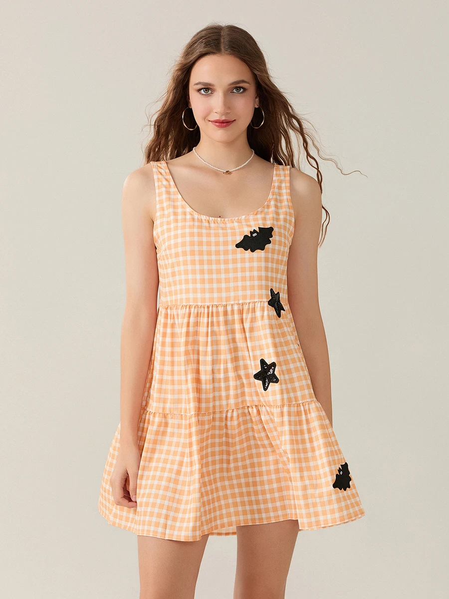 Mini abito da donna senza maniche con scollo a U, pipistrelli scozzesi, abito a canotta con stella, abito estivo a trapezio