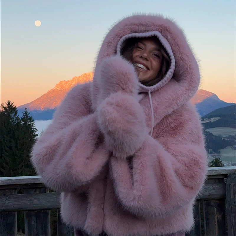 المرأة الفاخرة سميكة رقيق فو الفراء معطف مقنع شتاء دافئ الصلبة بدوره إلى أسفل طوق المفتوحة السترات أنيقة فضفاضة الشارع أبلى