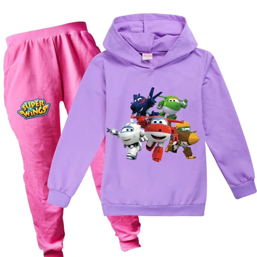 Cartoon Super Wings Hoodie Kids Pullover Sweatshirt+ Pants 2pcs Set Boys Casual Traksuit Children Clothing Toddler Girls Outfits