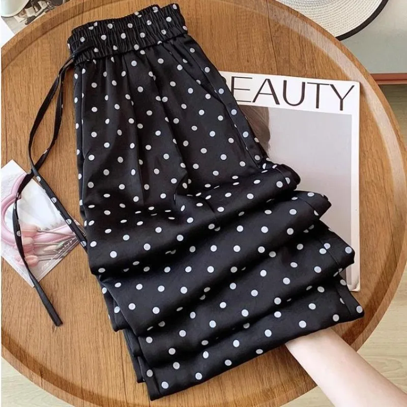 

Polka Dot Ice Silk Wide Leg Pants Women's Summer Thin Large-sized High Waisted Loose Cool Commuting Straight Leg Casual Trousers