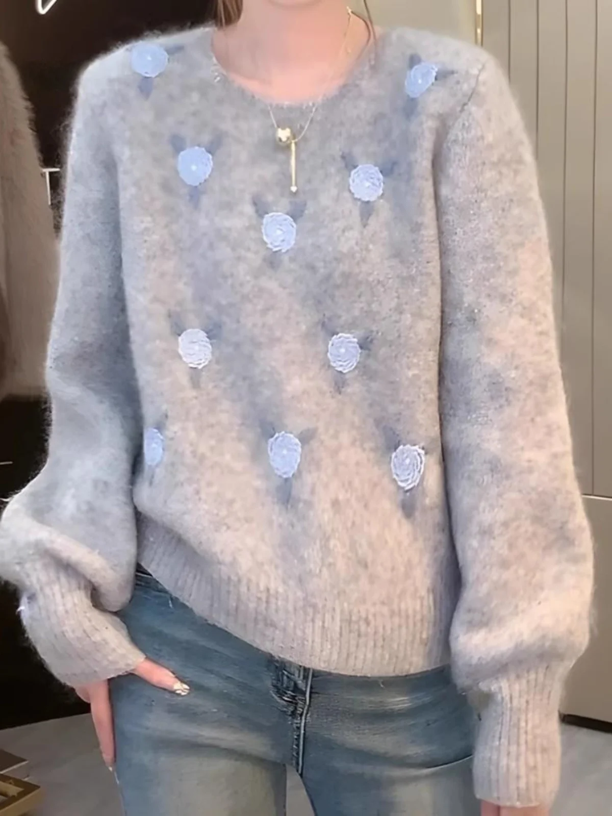 

plus Size Women's Heavy Embroidery Off-oulder Knitwear Winter Loose Slimming Innerwear Outerwear Knitted Top