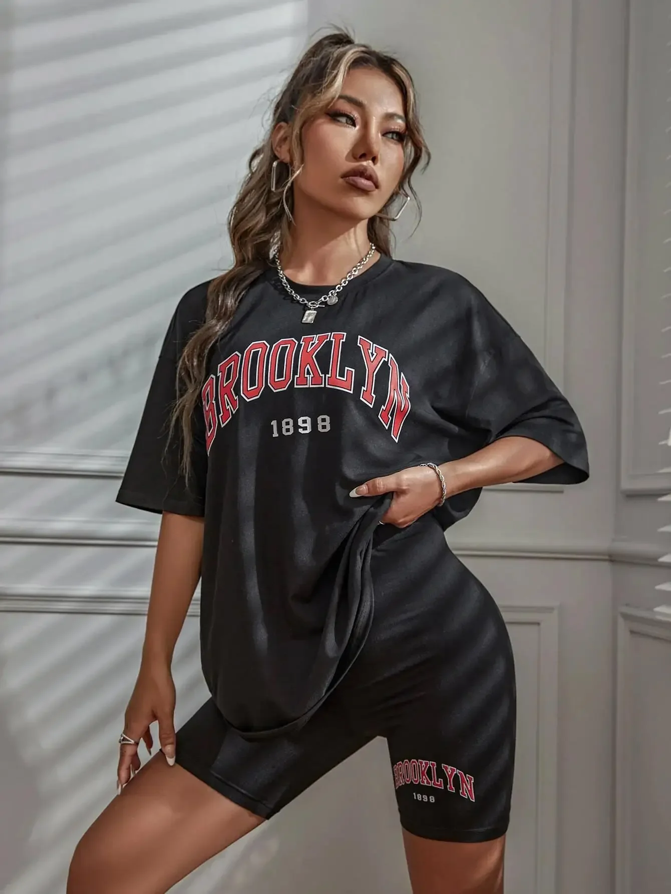 Brooklyn 1898 New York City Letter Graphic T-Shirts Set Women Summer Casual 2 Piece Set Oversized Shorts Cotton S-Xl T Shirts