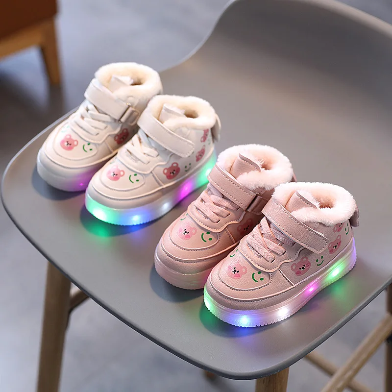 Girls and Boys Light Shoes Children's Plush Cotton Shoes Warm Baby Walking Shoes Small White Shoes Baby Board Shoes