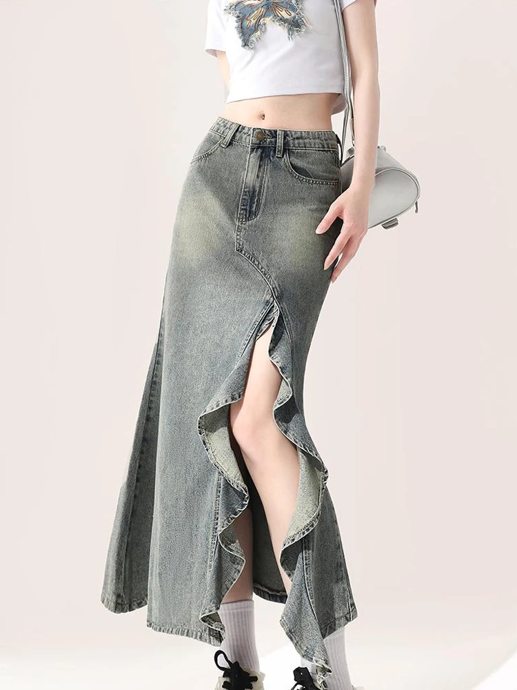 

Irregular Split Trendy Denim Skirts Women's Clothing Vintage Style Street Fishtail Long Skirt 2024 New Collection Versatile Sexy