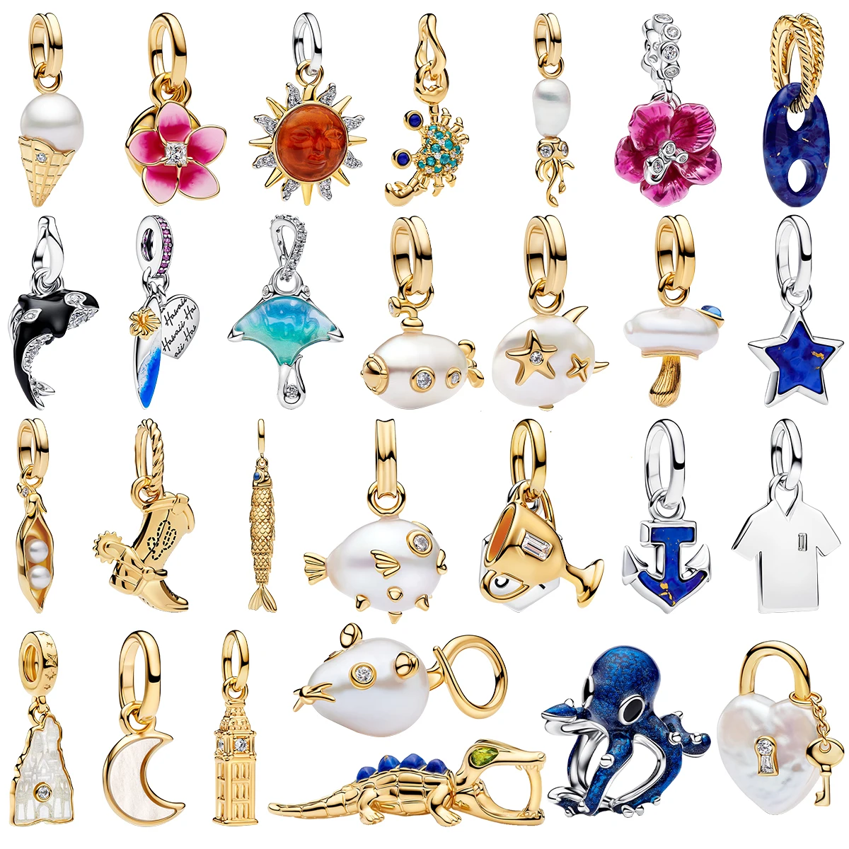 Pingente de Prata S925 Banhada com Zircônias, Temas: Havai, Oceano, Cowboy, Crocodilo, Sorvete, Sol, Verão, Praia, Caranguejo, Futebol, Pérola - Joias