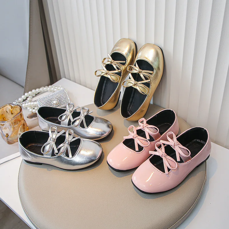 

Spring Autumn Girls Fashion Silver Lacquered Leather Shoes Soft Soled Kids Ballet Performance Shoes Gold Children Bow Shoes Boys