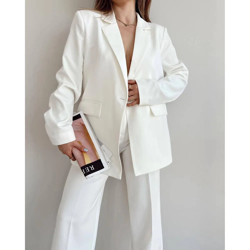 

White Elegant Women Suits One Button Notch Lapel Flat Regular Length Blazer Chic Business 2 Piece Jacket Pants Sets Full Set