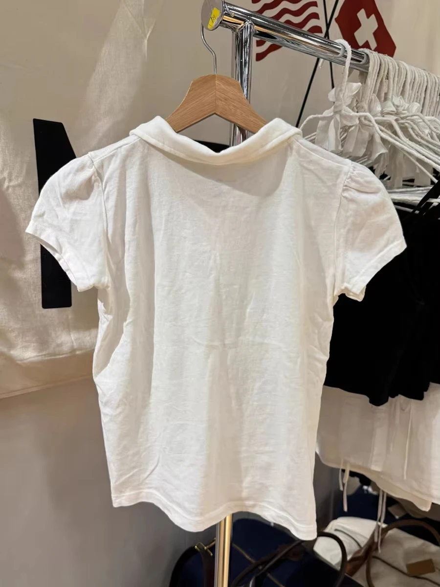 Polo White Cotton T-shirt Women Summer New Strweetwear  Turn Down Collar Short Sleeve Tees Sweet Preppy Style Cute T Shirt Y2K