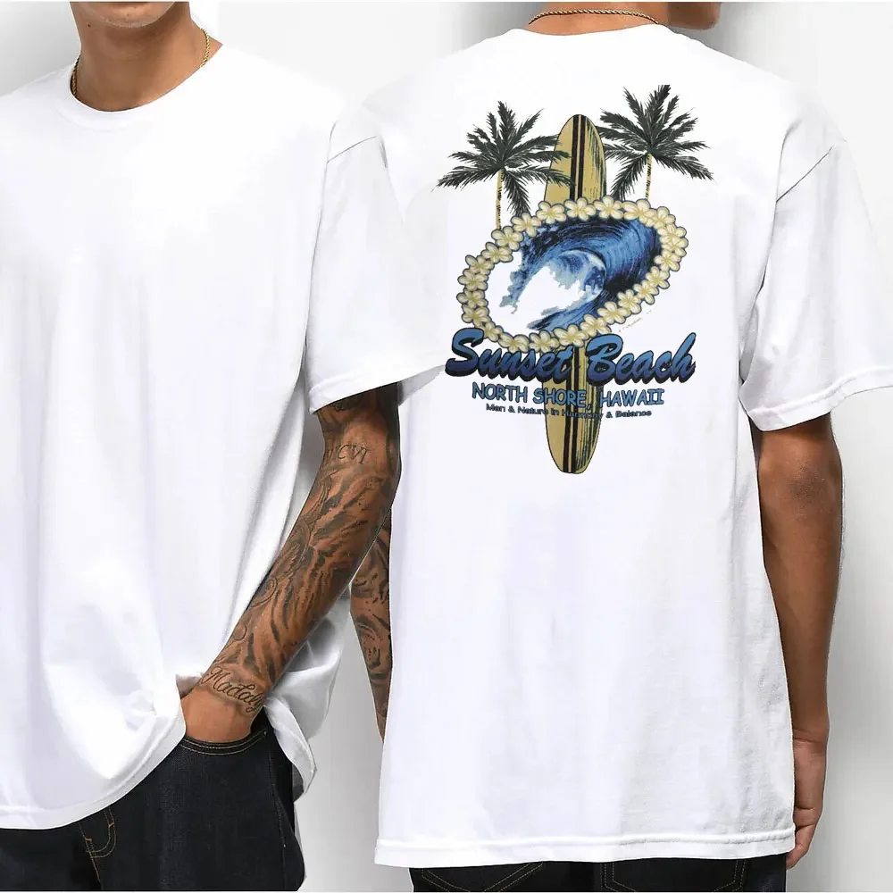 Hawaiian Style Men\'s Casual T-shirt Island Hanging Pine Shaka Surfboard Men\'s and Women\'s White Cotton Tee Retro Beach Surf Tops