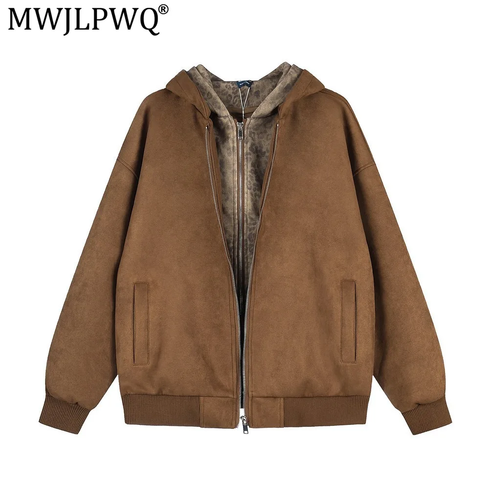 MWJLPWQ Punk Faux Two-Piece Leopard Print Patchwork Hooded Jacket Men's Spring Autumn Loose Double-Layer Zip-Up Outerwear 21521