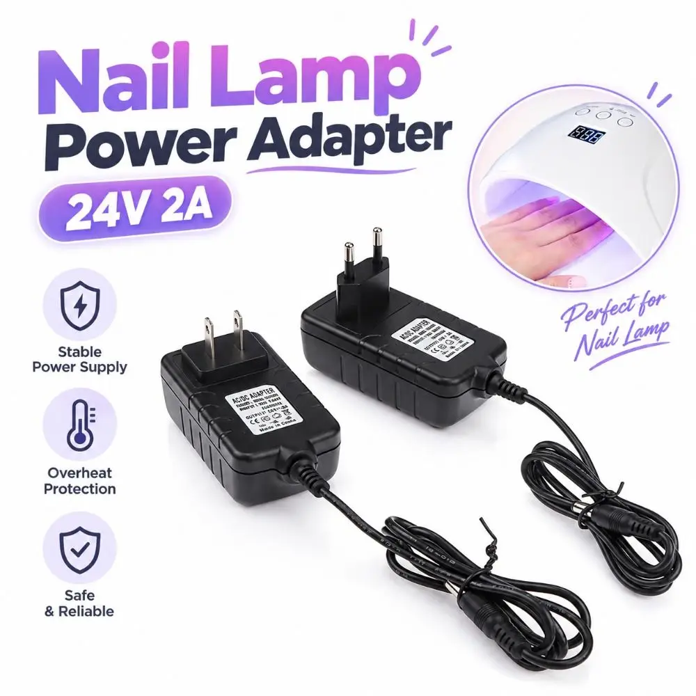 24V 2A Nail Lamp Power Adapter Regulated Output Interchangeable Plug UV LED Lamp Adapter Black DC Charger Nail Salon Supplies