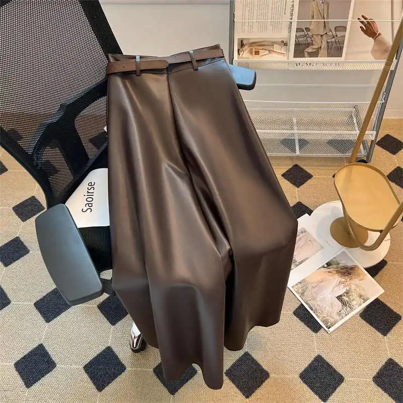 Temperament Leather Skirts For Women Autumn Winter High Waist Slimming A-Line Skirt With Belt Chic Solid Mid Length Clothing