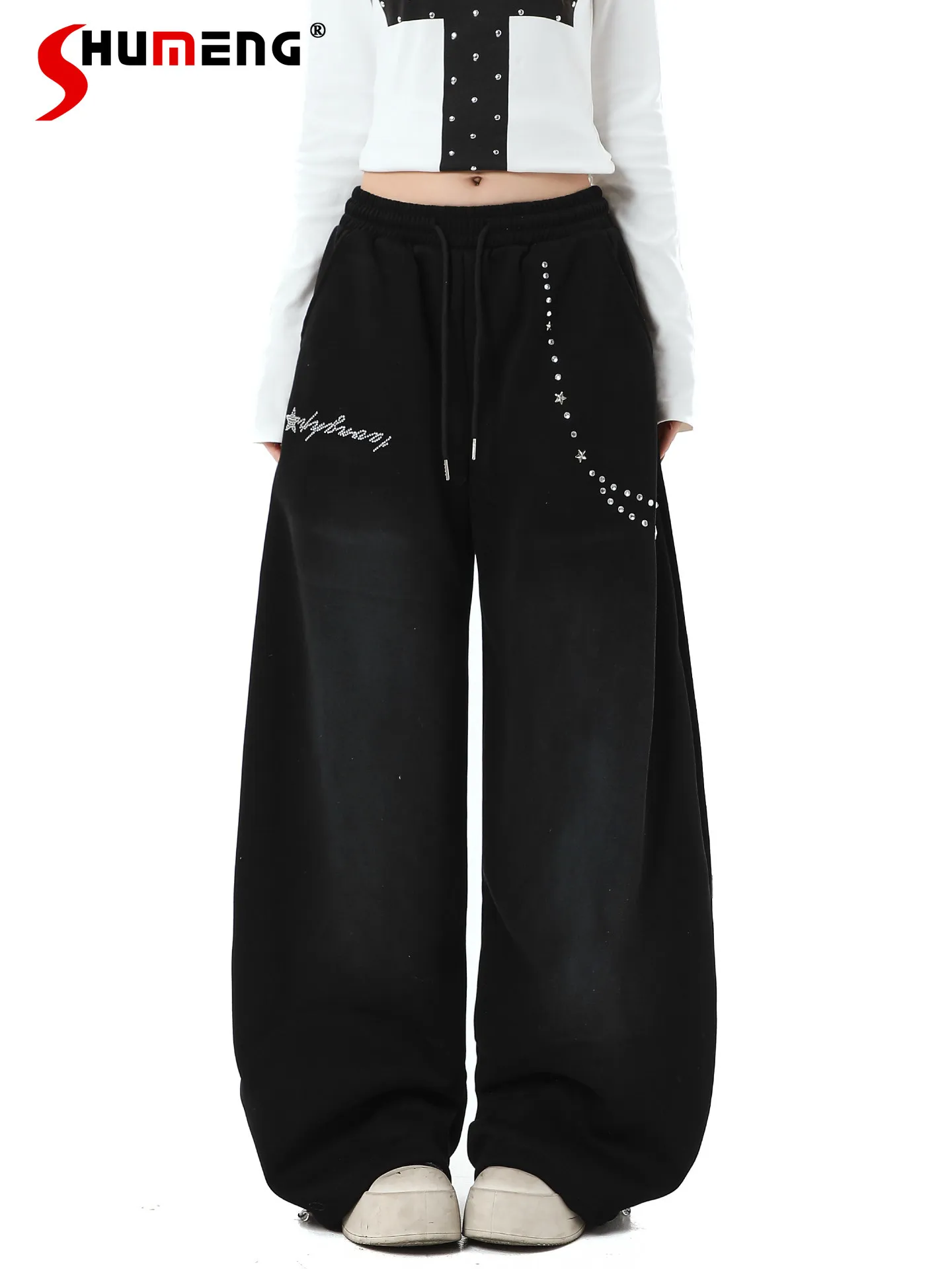 

American Fashion Retro Streetwear Girl Letter Diamond Wide Leg Casual Pants High Waist Drawstring Sweatpants Women Spring 2026