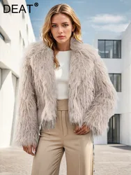 DEAT Fashion Women's Faux Fur Coat Lapel Long Sleeve Khaki Loose Thick Warm Short Fur Integrated Coat Winter 2024 New 7AB5114