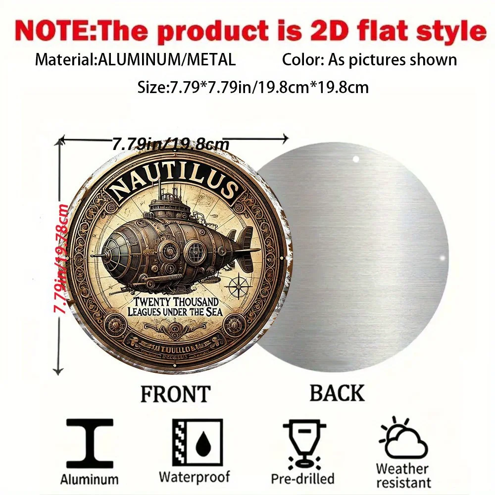 Vintage Nautilus Submarine Wall Plaque - Jules Verne's Captain Nemo Collectible Metal Sign,  Aluminum Retro Steampunk Decor