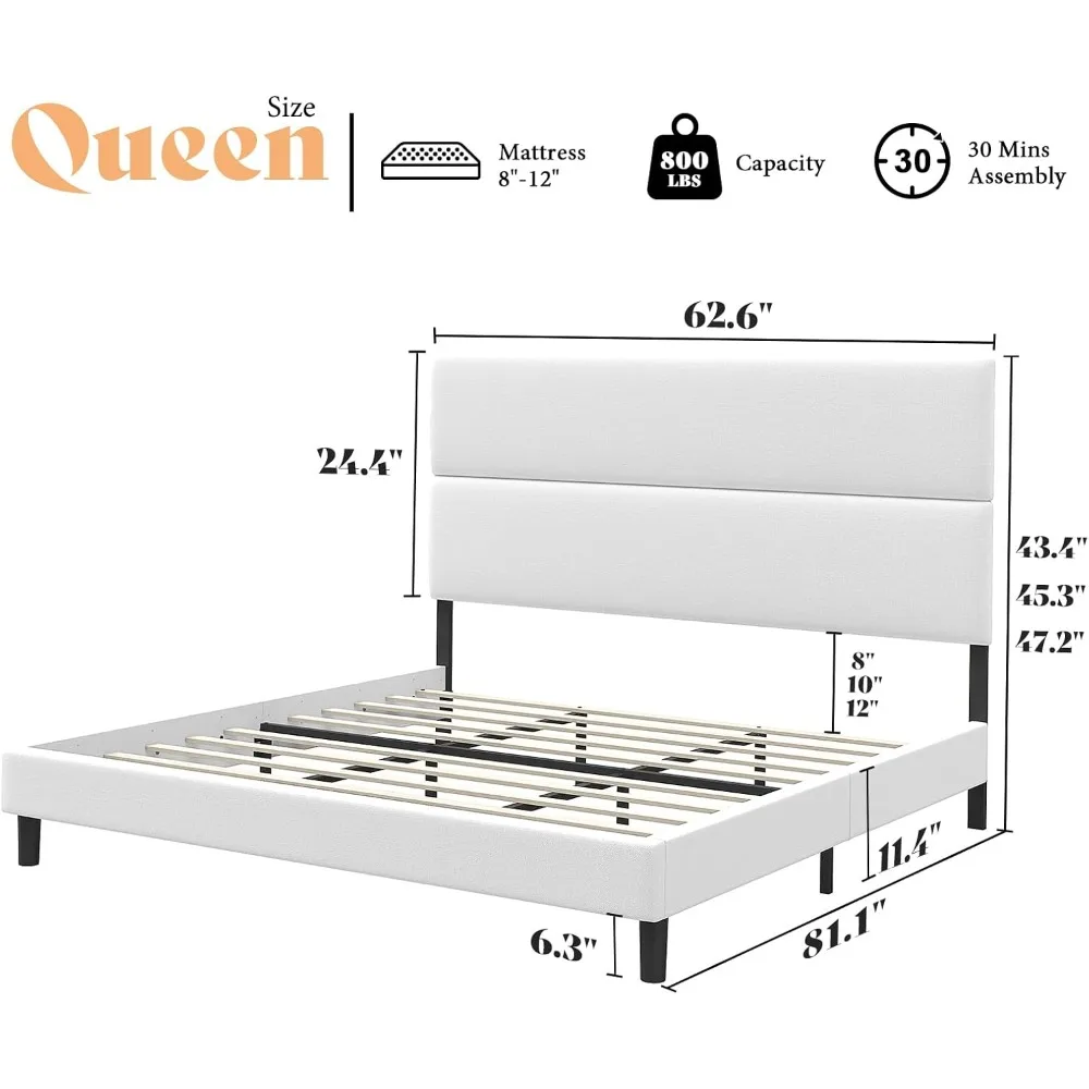 إطار سرير من الكتان المنجد بحجم كوين مع لوح رأسي قابل للتعديل، سرير بمنصة مع دعم شرائح خشبية، سهل التجميع