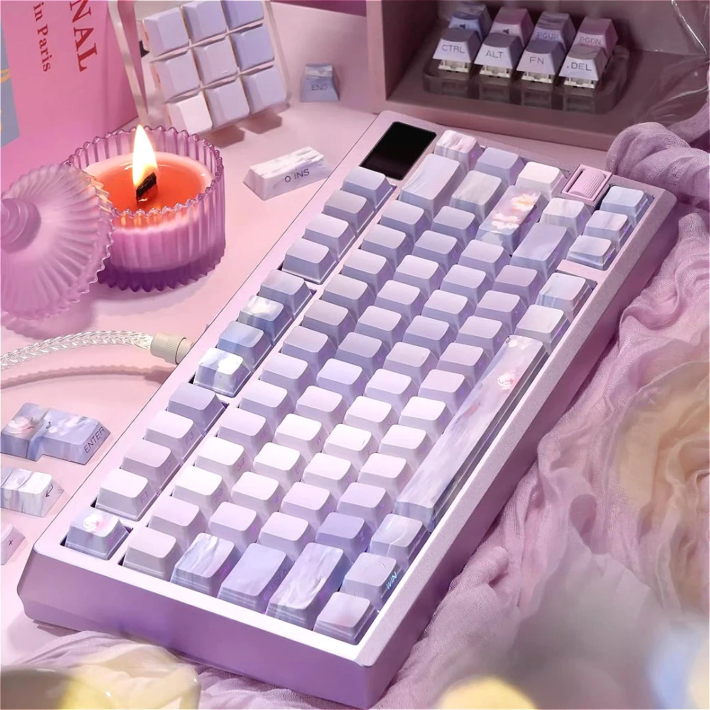 Art painting themeKeycap Set, Purple Cherry Original Height Keycap, 130 Keys for 68/75/84/87/98 Mechanical Gaming Keyboard
