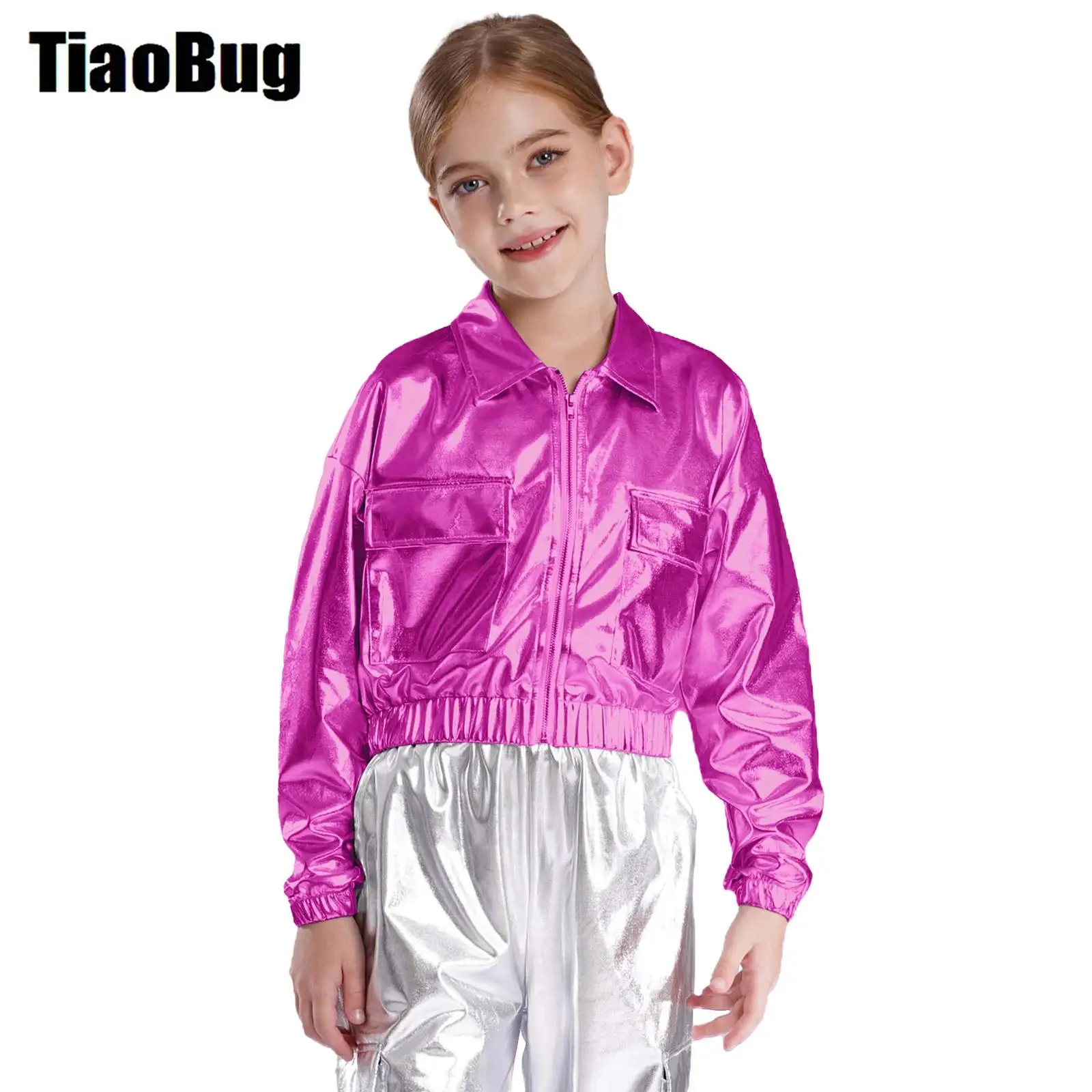 Kids Hip-Hop Jazz Dance Tops Metallic Shiny Jacket Boys Girls Turn-Down Collar Long Sleeve Outwear with Flap Pockets