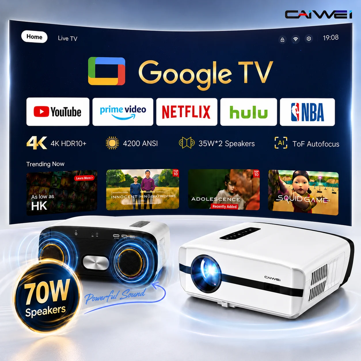 Projetor CAIWEI A9S para Filmes 4K 4200 ANSI Google TV Full HD 1080P Cinema em Casa com Foco Automático Projetores Inteligentes Portáteis para Uso Externo