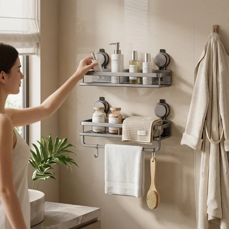 Multifunctional No Drill Suction Cup Storage Rack Wall Mount Kitchen Spice Utensil Holder Bathroom Organizer Home Accessory