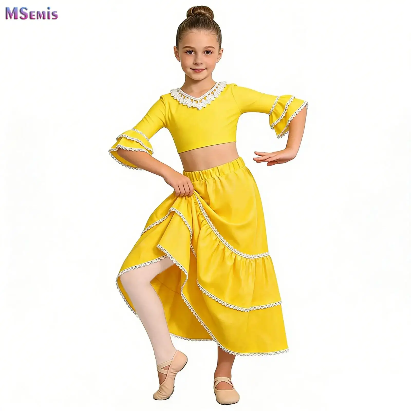 

Kids Girls Flamenco Dance Outfit Tassel Crop Top with Satin Skirt Ballet Belly Dance Gypsy Long Skirts Dancer Practice Wear