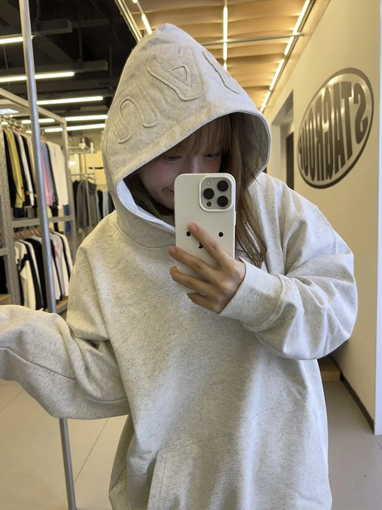 

Американский оверсайз худи для женщин, осенне-зимняя новинка, шикарная повседневная куртка с вышивкой и пэчворком, с длинными рукавами и круглым вырезом