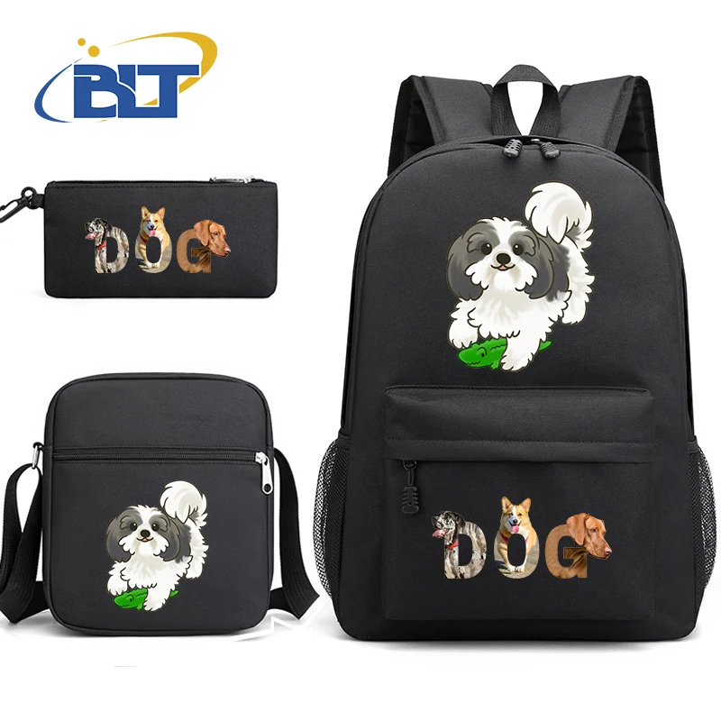 Cute dog print student school bag youth backpack shoulder bag pencil case 3-piece set kids gift