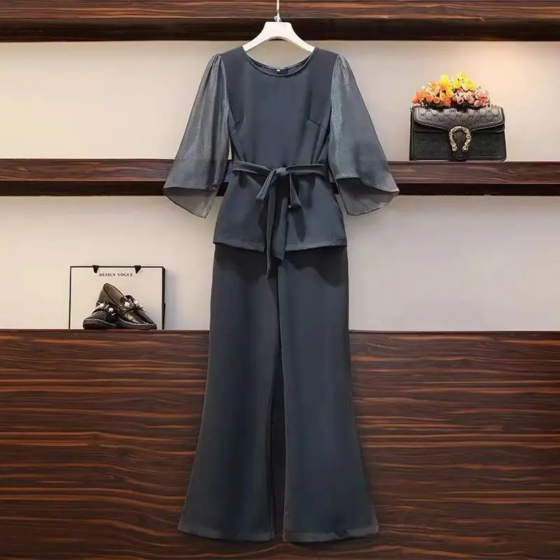 Women's 2024 New Summer Chiffon Short Sleeve Set Women's Fashion Large Loose Wide Leg Pants Two Piece Set For Woman Pant Set